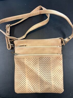 Suede Perforated Crossbody Bag - Tan